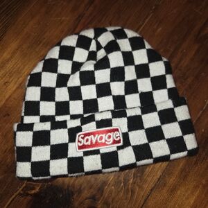 Rue21 Black and White Checkerboard Knit Beanie with Red "Savage" Patch